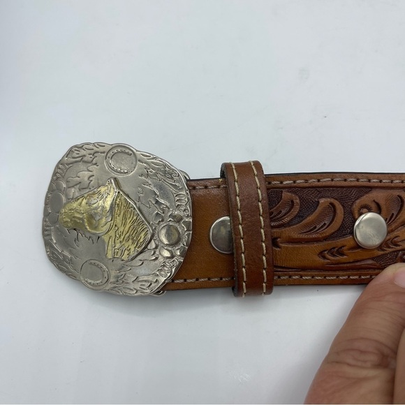 Eberle Leather Belt Hand Tooled Brown Size 36 (90 EU) Heavy Horse Buckle - Picture 6 of 7